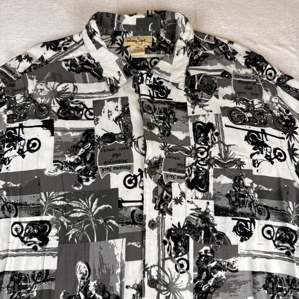 Panama Jack Motorcycle Club Shirt Men's L All Over‎ Print Button Up Short Sleeve